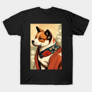 Brown and White dog with red robe - Japanese style T-Shirt